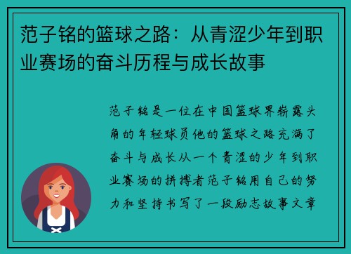 范子铭的篮球之路：从青涩少年到职业赛场的奋斗历程与成长故事